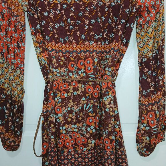 Forever 21 Southwestern XS Boho Floral Paisley Print Mini Dress Tassel Tie Brown - Picture 10 of 13